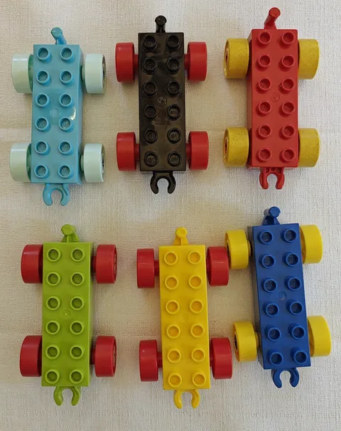 Lego DUPLO Train Car Base W/Wheels 2x6-Green-Red-Yellow-Black & Blue Lot Of 6