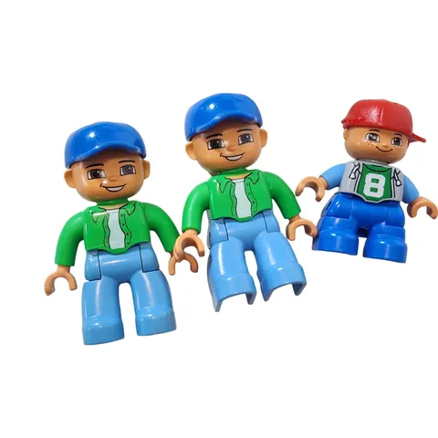LEGO Duplo Boy Figures Lot of 3 Green Jacket Twins and Number 8 Jersey Boy