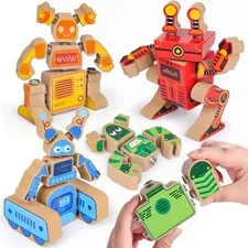 Wooden Robot Building Block Set, Snap Together Robot Builder, STEM Take Out...