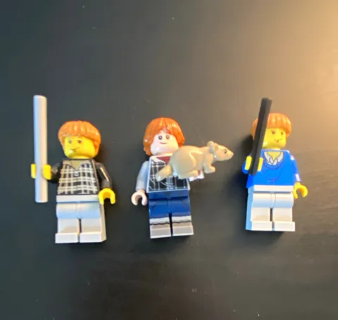 LEGO Harry Potter RON WEASLEY Minifigure Lot of 3 w/ Wands (Rods) and