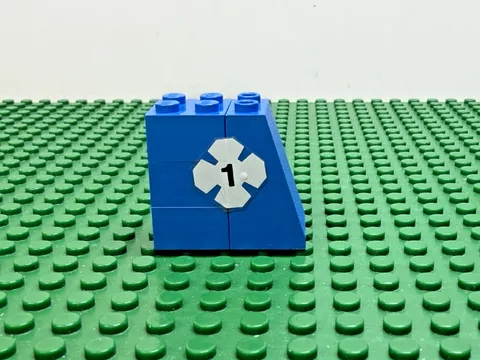 1978 LEGO Blue Brick 2x2 Slope 75 2x2x3 w/White Clover & #1 Stickers 775