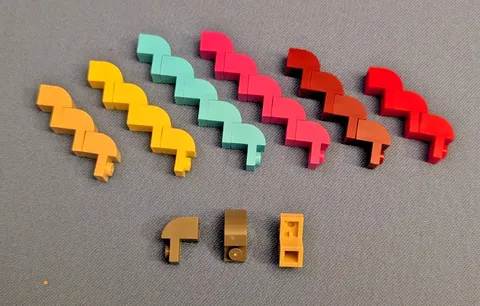 27 Lego pcs bricks 1x2x1 1/3, curved #6091 pink maroon red tan blue yellow gray