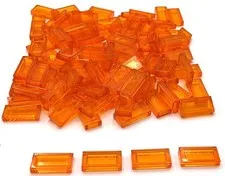 Lego 50 New Trans-Orange Tiles Flat Smooth 1 x 2 Parts