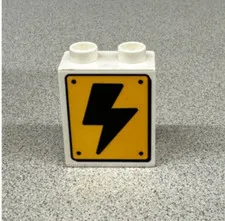 Lego White Duplo, Brick 1 x 2 x 2 with Black Lightning Bolt on Yellow Sign on On