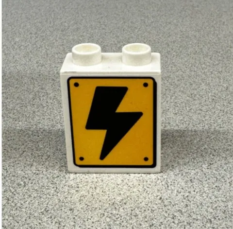 Lego White Duplo, Brick 1 x 2 x 2 with Black Lightning Bolt on Yellow Sign on On