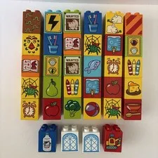 Lot of 34 Lego Duplo 2x2 Printed Blocks Many Designs