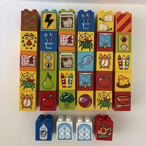 Lot of 34 Lego Duplo 2x2 Printed Blocks Many Designs