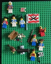 Lego mini figure lot - pirates flags, royal navy monkey and treasure