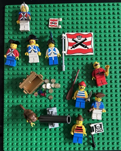 Lego mini figure lot - pirates flags, royal navy monkey and treasure