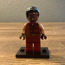LEGO Minifigure Brown Outfit Black Hair Dark Red Legs w/ Display Stand