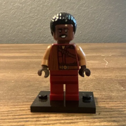 LEGO Minifigure Brown Outfit Black Hair Dark Red Legs w/ Display Stand