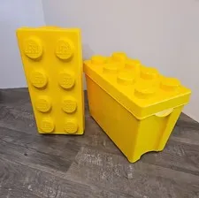 Lot of 2 Yellow Lego Bricks Plastic Storage Bins w/lids 8 Studs 14"×7"×10" 