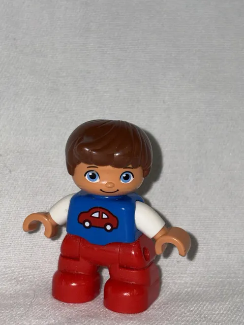 LEGO DUPLO Boy Minifigure Brown Hair Blue Shirt w/ Car Print Red Pants
