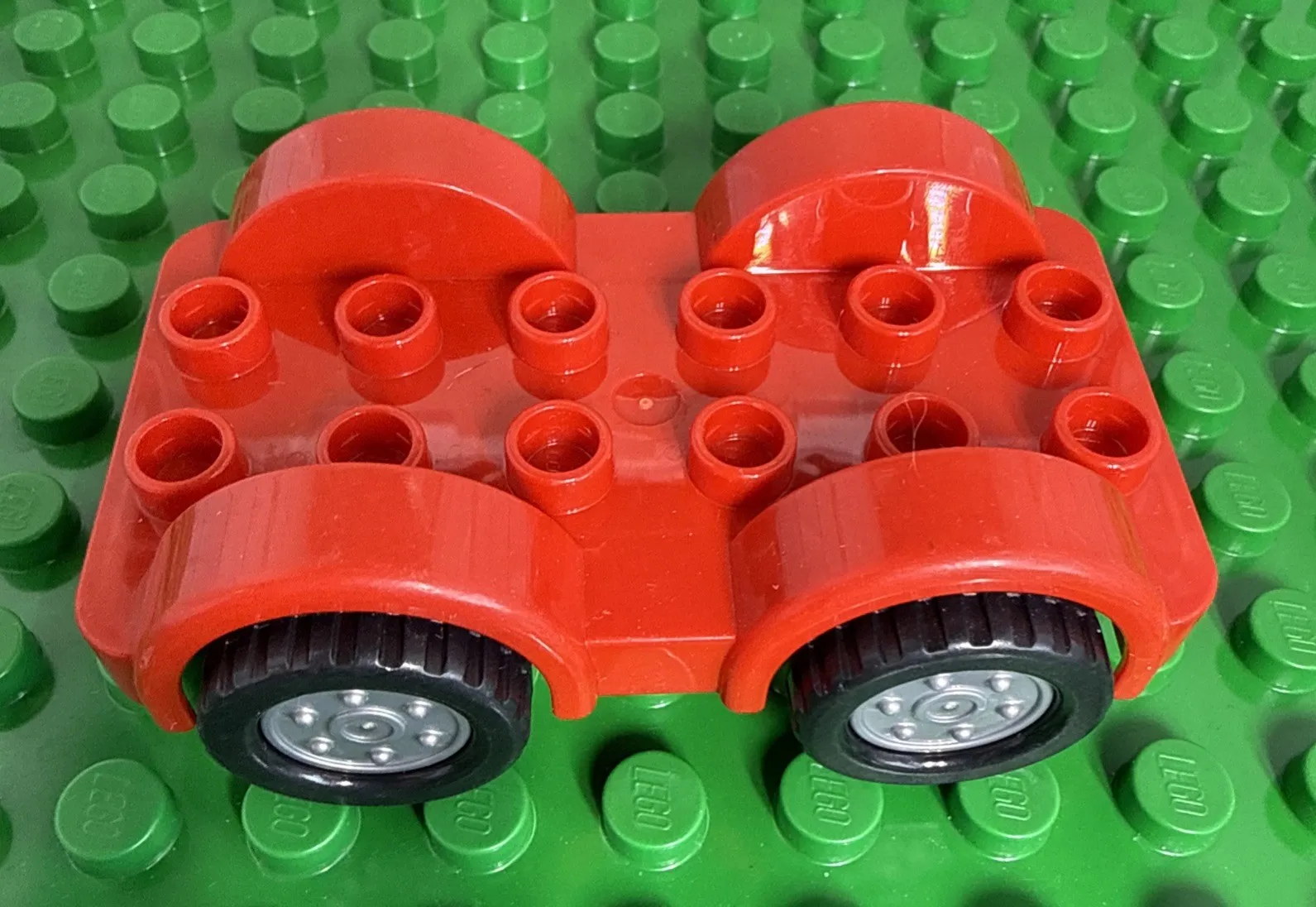 Lego Duplo Vehicle Red Car Base 2 x 6 Black Tires Silver Wheels Fixed Axles
