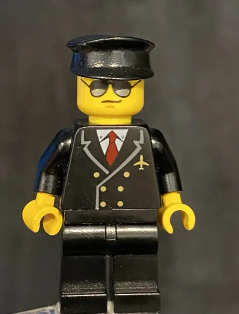 LEGO Classic Town Airline Pilot Black Uniform, Red Tie, With Newer Aviators Head