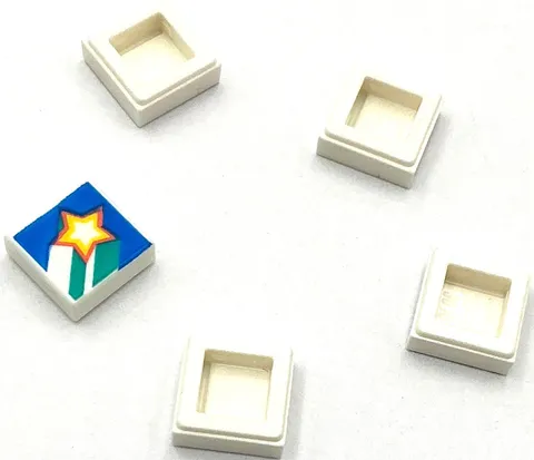 Lego 5 New White Tiles Flat  1 x 1 with Star and Dark Turquoise Stripes Parts