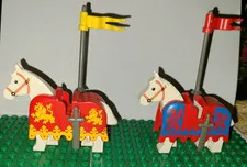 2 Lego Castle Vintage Horses W/ Barding/Swords/Flags No broken clips.