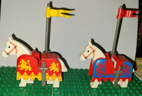 2 Lego Castle Vintage Horses W/ Barding/Swords/Flags No broken clips.