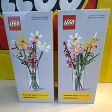 TWO LEGO Vase 17cm/6.7in Clear Plastic, Wild Flowers + Brick Art Pattern