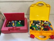 Lot of 2 LEGO Carrying Cases Hard Plastic Latching Storage System Filled w Legos