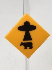 Custom Printed Caution UFO Beaming Cow Sign UV Printed On LEGO 2x2 LtOrange Tile