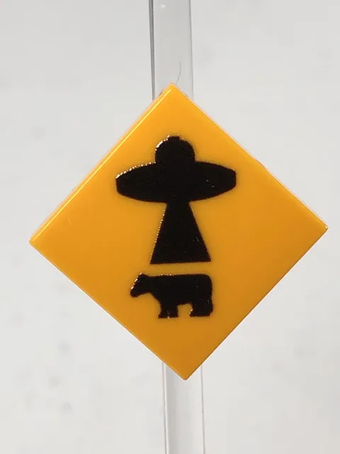 Custom Printed Caution UFO Beaming Cow Sign UV Printed On LEGO 2x2 LtOrange Tile