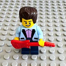 LEGO Minifigure - Brown Hair Blue Jacket w/ Red Guitar Accessory