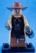 NEW Lego Cowboy w Custom Trench coat bandit Wide Brim Hat Brick Arms Gun Bottle