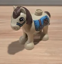 Lego Duplo Tan Horse Baby Foal Pony OK+ Reddish Brown Mane Medium Azure Saddle