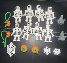 LEGO Skeleton Lot of 8 Minifigures Halloween Pumpkin, Vines, Webs, And Gargoyle