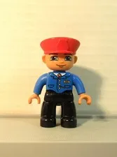 Lego Duplo Figure Train Conductor red cap blue/black uniform EUC