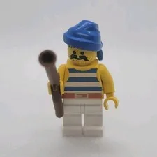 LEGO Minifigure Blue Cap Striped Yellow Torso White Legs Brown Musket Rifle