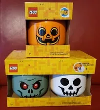 LEGO Halloween Storage Heads LOT, Size Small - Skeleton, Zombie & Pumpkin, NEW