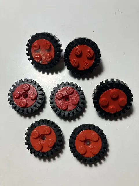 Lot of 7 Lego Vintage Red Rim Wheel with Pin - Part # 7039