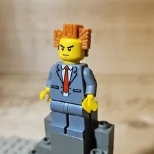 LEGO Plastic Minifigure Yellow Head Gray Suit Red Tie Spiky Brown Hair
