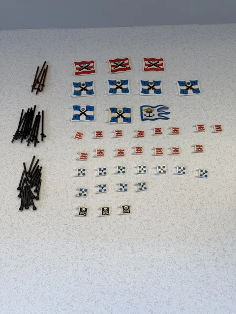 Vintage LEGO Pirates Flag Lot – 29 Small Flags, 10 Large Flags, ~30 Flagpoles