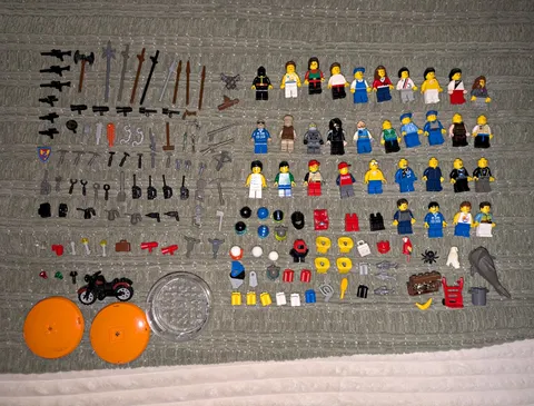 LEGO Minifigure Lot w/ Accessories Weapons Tools Helmets Parts Motorcycle Shark