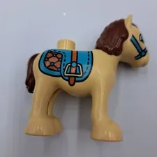 Lego Duplo Figure Colt beige w/ brown mane & blue saddle Horse