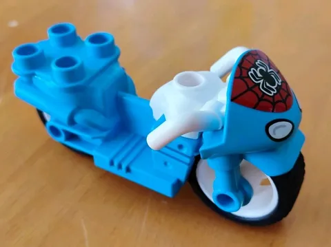 Duplo Motorcycle with Rubber Wheels White Handlebars Black Spider-Man Logo EUC