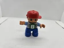 Lego Duplo Skater Boy #8 2 inch toy figure with red hat and grey hoodie 