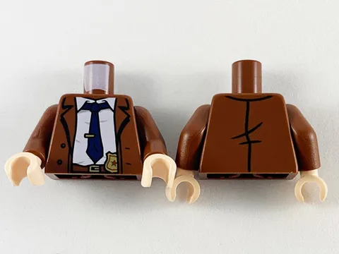 LEGO Reddish Brown Torso Overcoat, White Shirt, Dark Blue Tie, Gold Tie Clip and