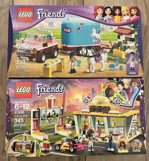 Lot Of 2 LEGO Friends Emma’s Horse Trailer & Drifting Dinner Set 3186 41349 NEW