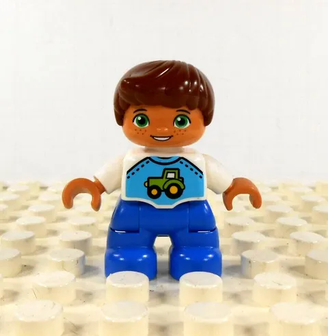Lego Duplo Figure Kid Boy brown hair teal/white shirt w/ tractor blue pants