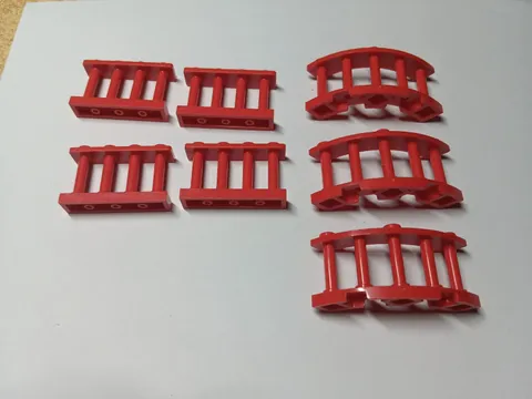 LEGO BULK LOT OF 7 RED FENCE SPINDLED 1X4X2 4X4X2 STUDS ON TOP