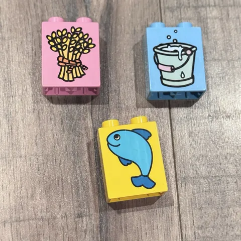 Lot 3 Vintage Farm Zoo Themed Lego Duplo Picture Blocks Fish Wheat Bucket Pail