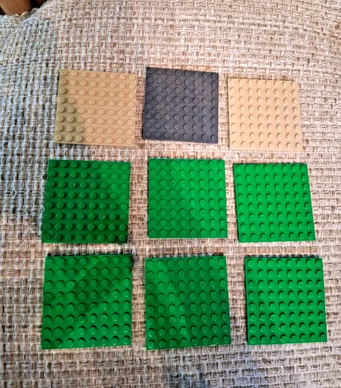 Lego 9 Plates 8 x 8 - 6 Green, 1 Gray and 2 Beige