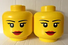 2 LEGO Storage Heads (girl)--MINI 4.5" Tall - Yellow Containers with lids