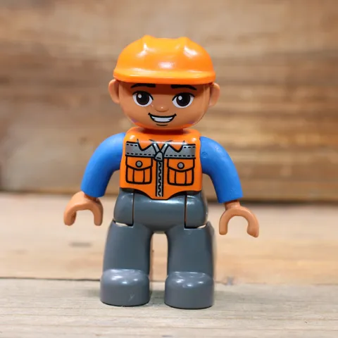 LEGO DUPLO Minifigure Construction Worker Orange Vest Helmet Cap 47394pb156