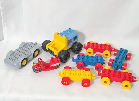8 Lego Duplo Vehicle Lot - 2 Car Chassis 5 Train Chassis & Spiderman Motorcycle 