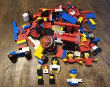 LEGO 1974-75 & Misc Bulk Lot Bricks & Parts w/ Wheels, Minifigures, Multicolor